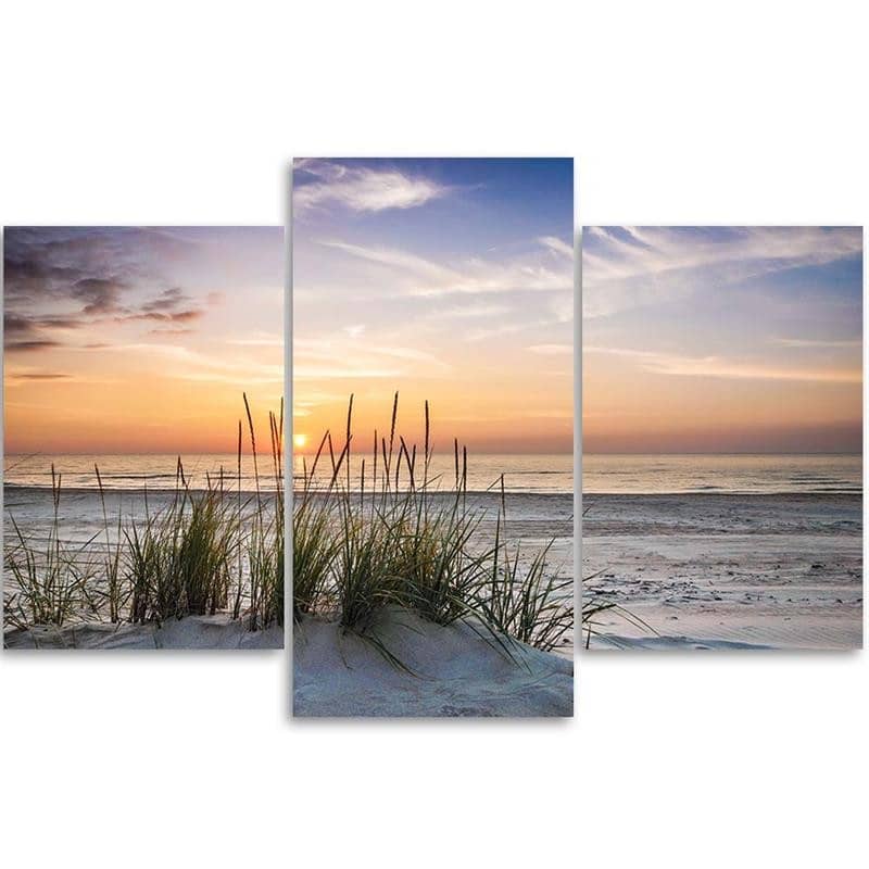 Kaeppel Leinwandbild 3-teilig, Strand Meer Gras Sonnenuntergang Online Outlet
