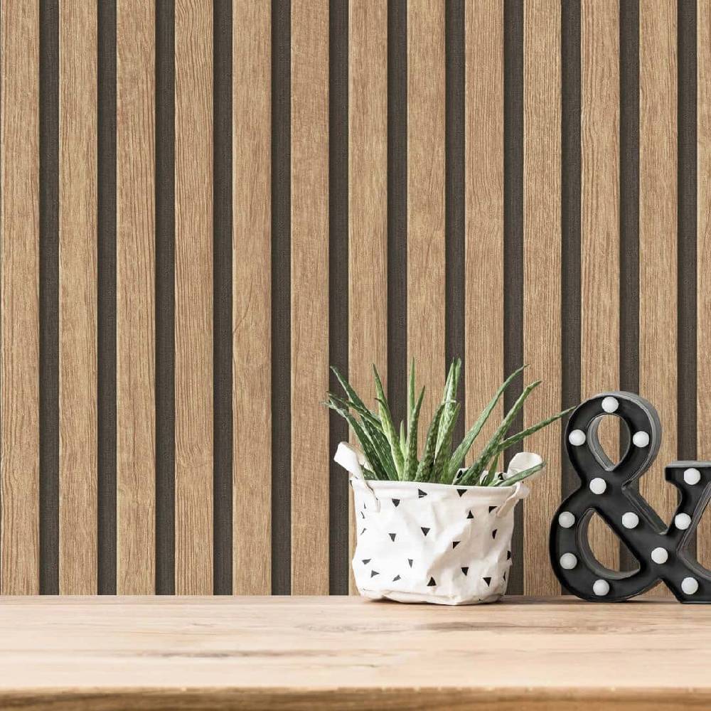 Kaeppel 3D Lamellenwand Tapete - Holzoptik Vliestapete von A.S. Creation Beige, Schwarz, Braun Begrenztes Angebot