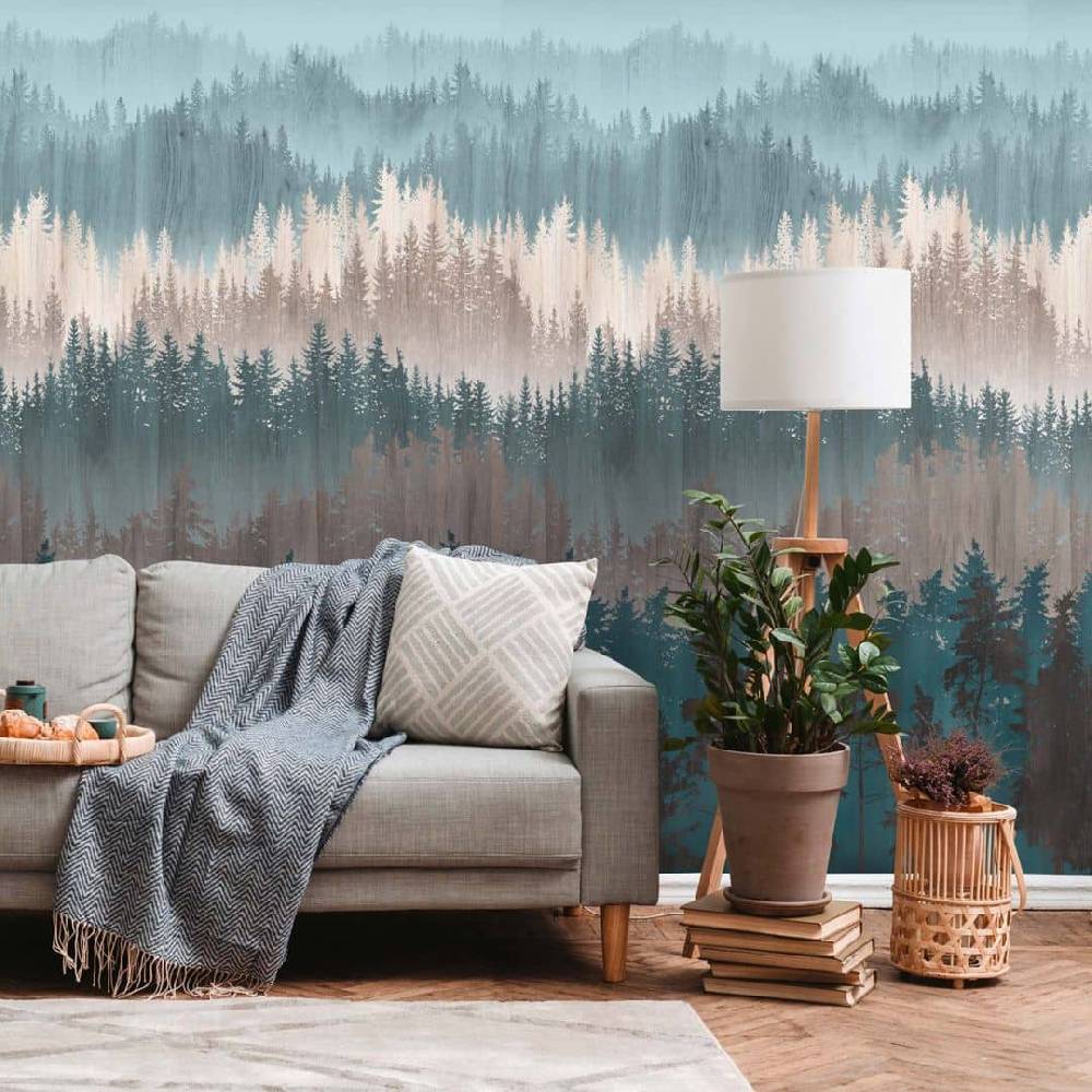Kaeppel Fototapete Natur Wald Blau Beige Tapete Bäume Modern für Küchen, Wohnzimmer Saisonschlussverkauf