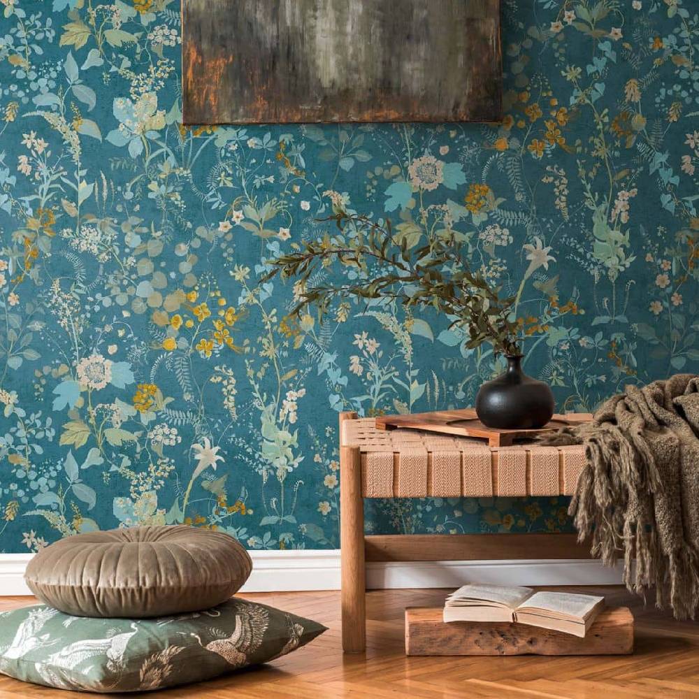 Kaeppel Blumentapete Petrol Blau Vintage Landhaus Blumen Vliestapete florale Tapete Osterangebot
