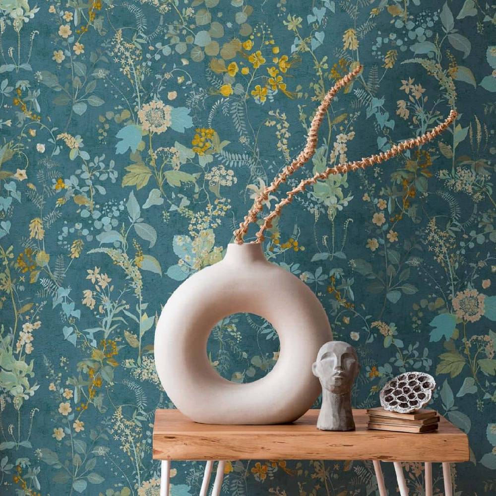Kaeppel Blumentapete Petrol Blau Vintage Landhaus Blumen Vliestapete florale Tapete Osterangebot