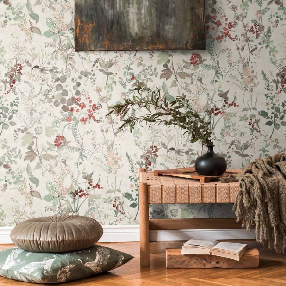 Kaeppel Blumentapete Landhaus Vintage Tapete Weiß Grün Rot Vliestapete Blumen floral Muttertagsangebot