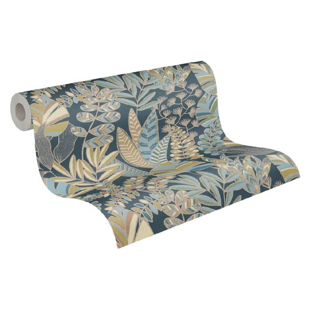 Kaeppel Dschungel Tapete Blau Gold Grün Pflanzen Vliestapete Blätter floral Nur noch ein Tag übrig