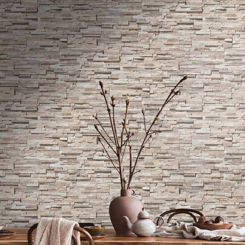 Kaeppel Steintapete 3D Tapete Vlies Beige - Vliestapete Steinoptik Modern für Wohnzimmer, Flur
