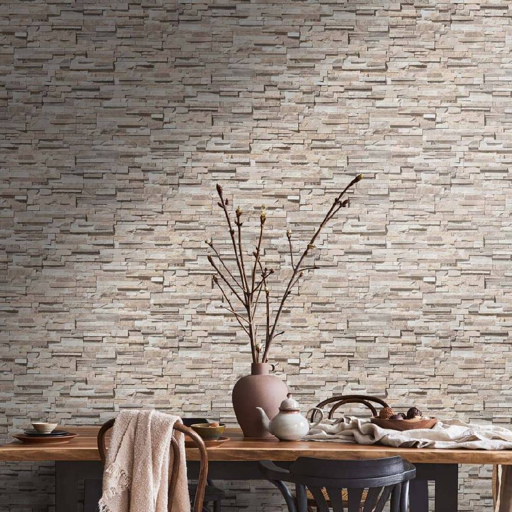 Kaeppel Steintapete 3D Tapete Vlies Beige - Vliestapete Steinoptik Modern für Wohnzimmer, Flur Kostenloser Versand international