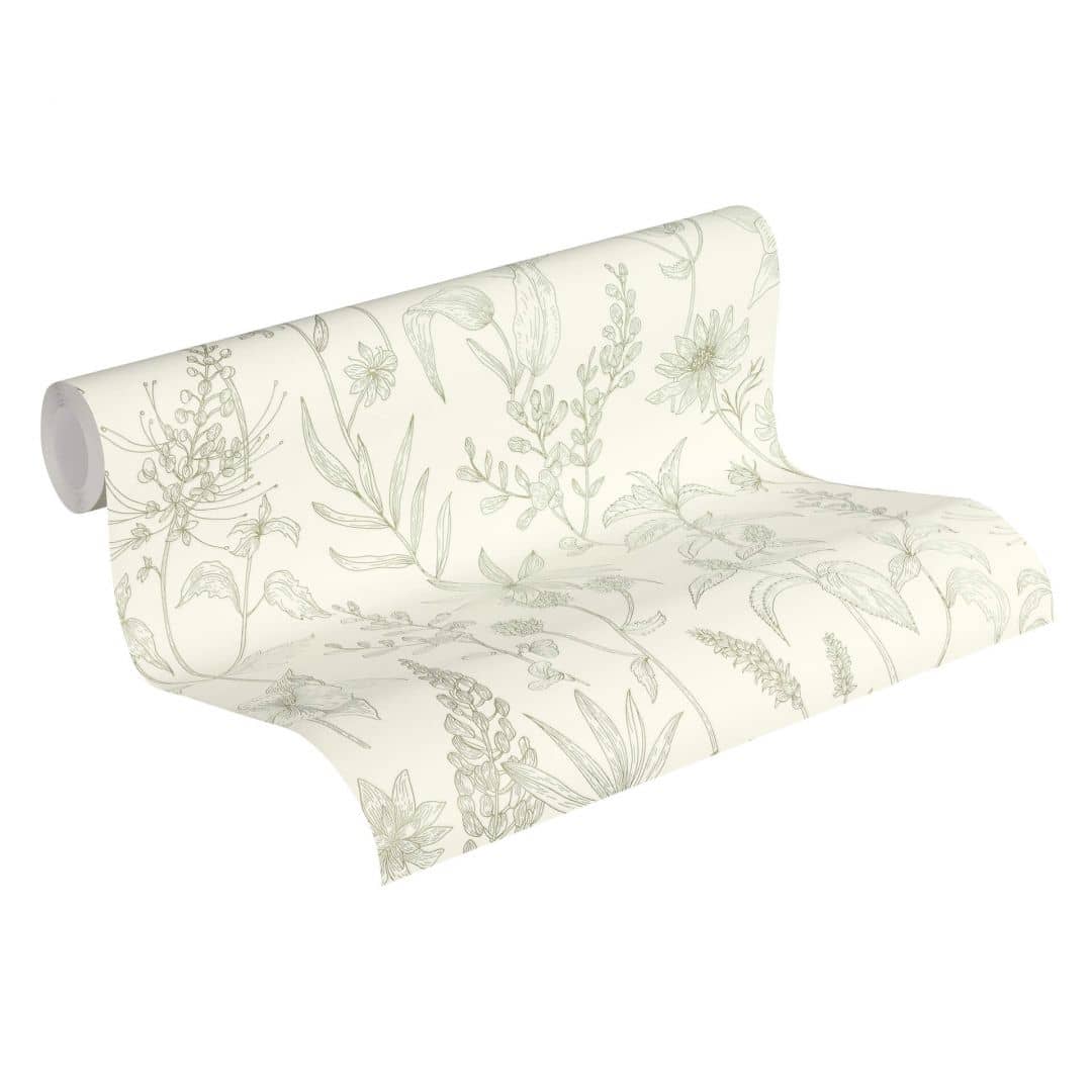 Kaeppel JETTE Vliestapete floral natürlich Tapete mit Pflanzen Grün Creme mit leichtem Glitzereffekt