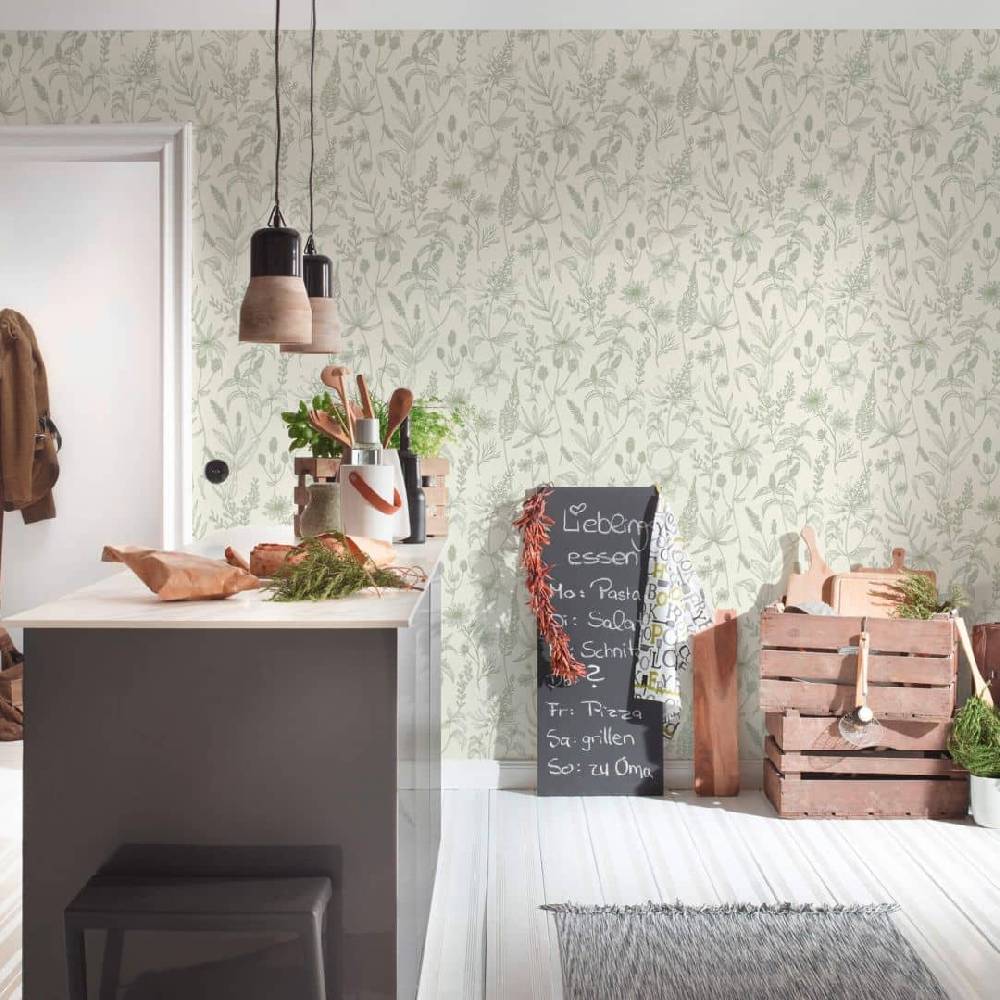 Kaeppel JETTE Vliestapete floral natürlich Tapete mit Pflanzen Grün Creme mit leichtem Glitzereffekt Speichern exportieren