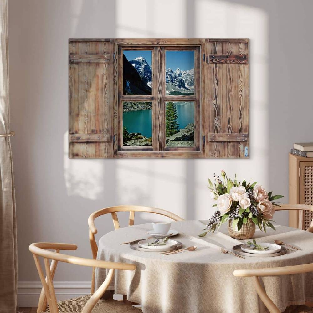 Kaeppel Glasbild 3D Holzfenster - Bergsee Idylle Super Sparpreis