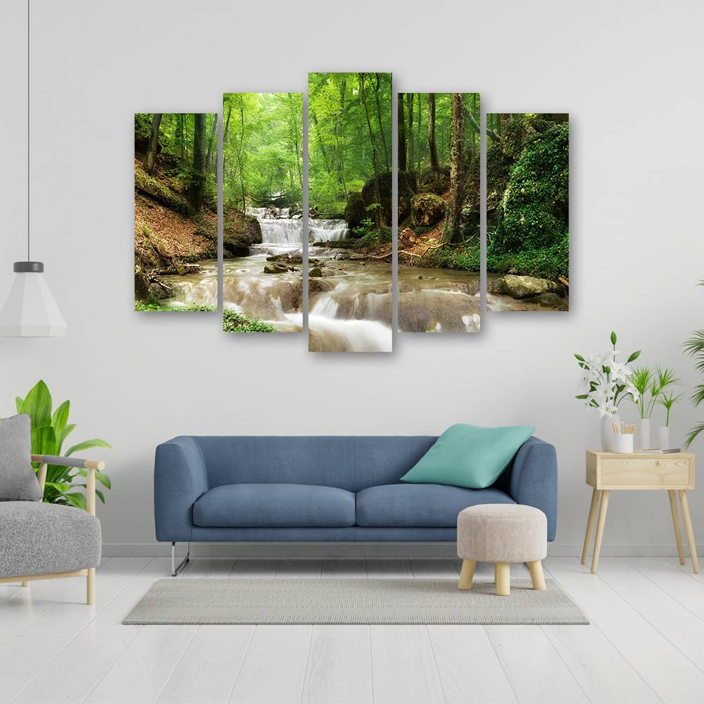 Kaeppel Leinwandbild 5 teilig, Wasserfall Wald Bach Natur Schlussverkauf
