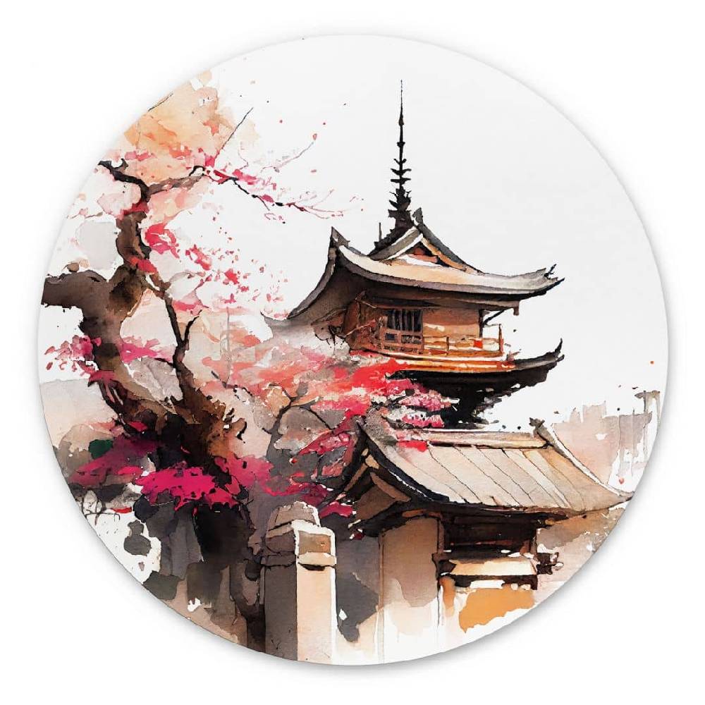 Kaeppel Wandbild Japanische Pagode mit Kirschblüten - Jaszke - Alu-Dibond - Rund
