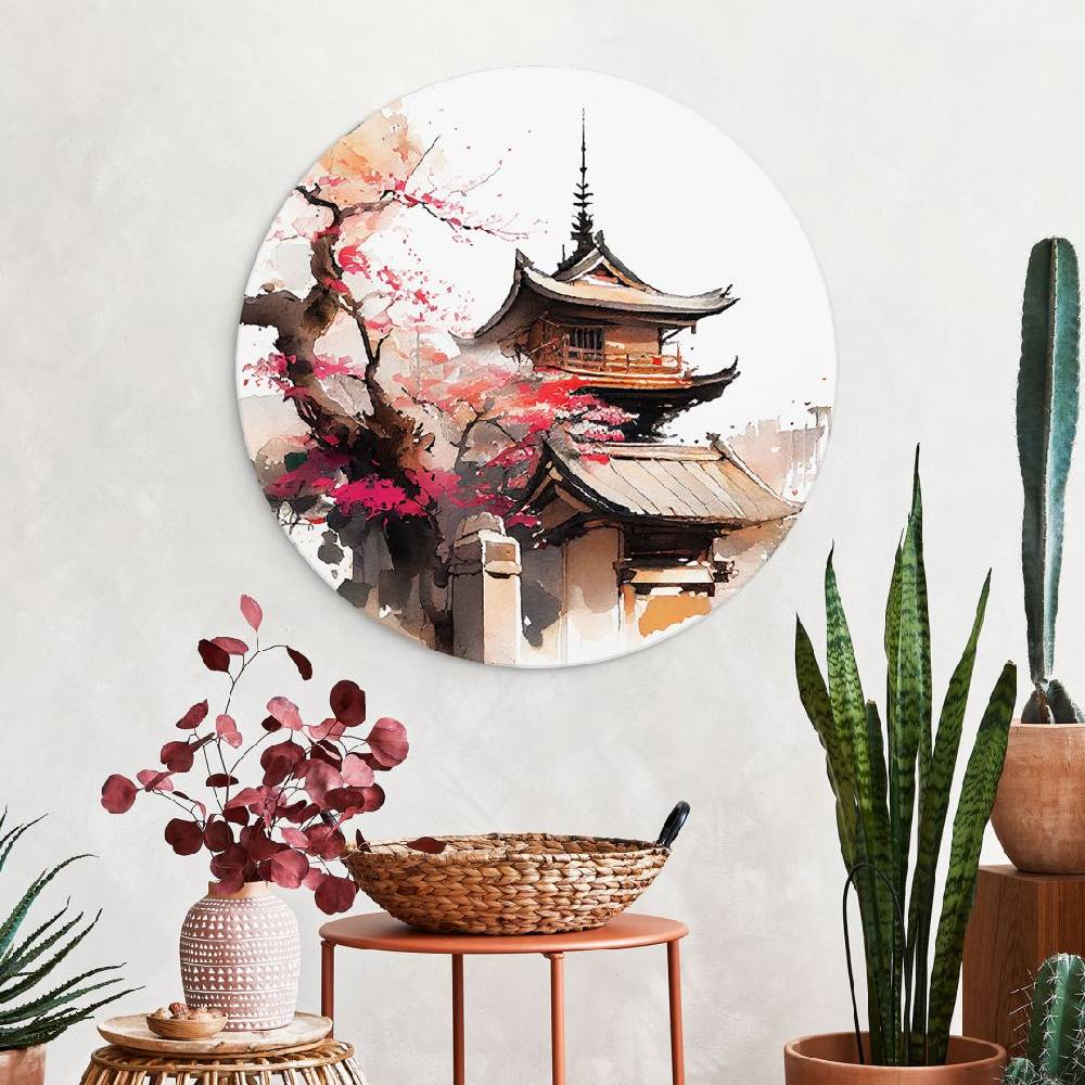 Kaeppel Wandbild Japanische Pagode mit Kirschblüten - Jaszke - Alu-Dibond - Rund Begrenzte Freigabe