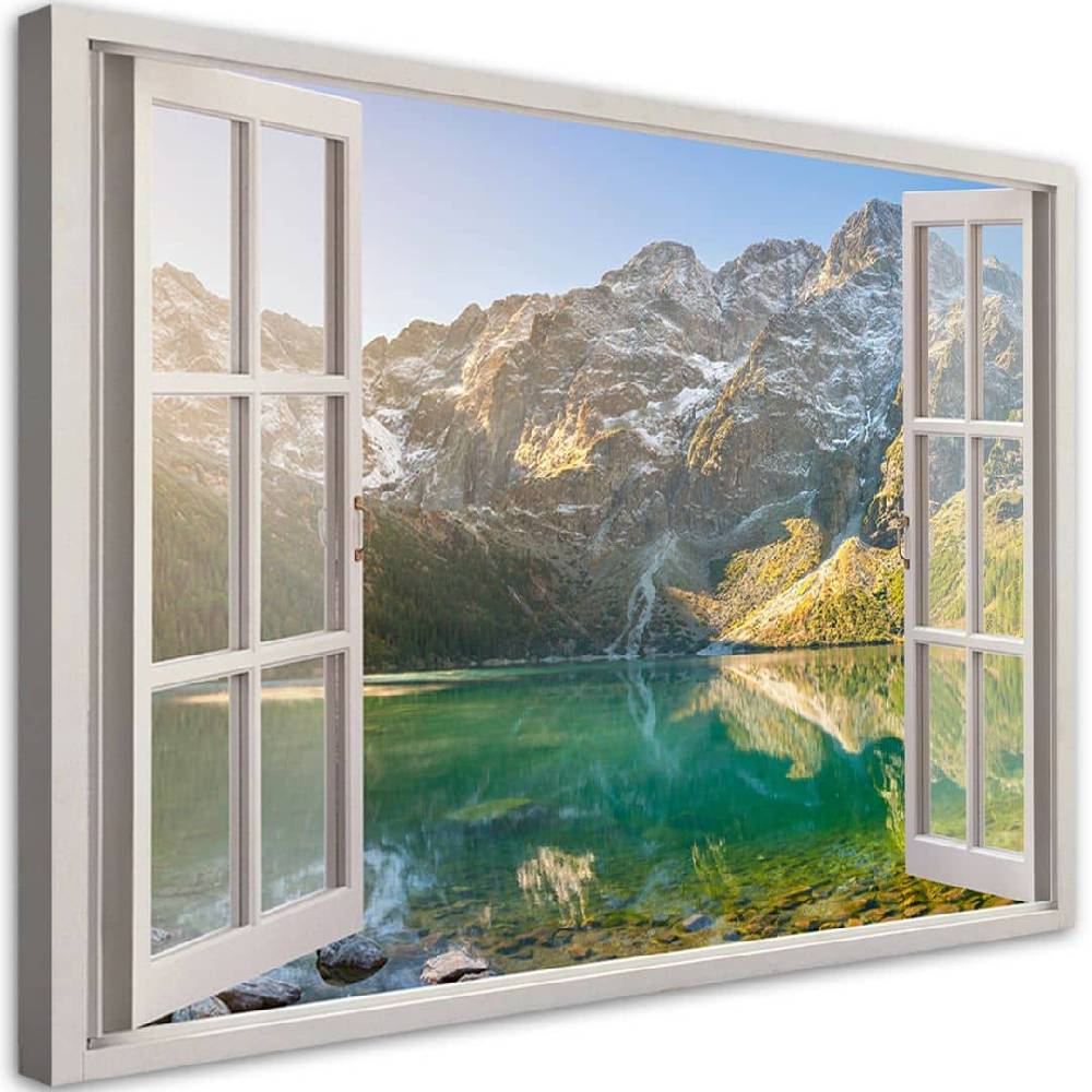 Kaeppel Leinwandbild, Fensterblick Wald im Nebel Berge