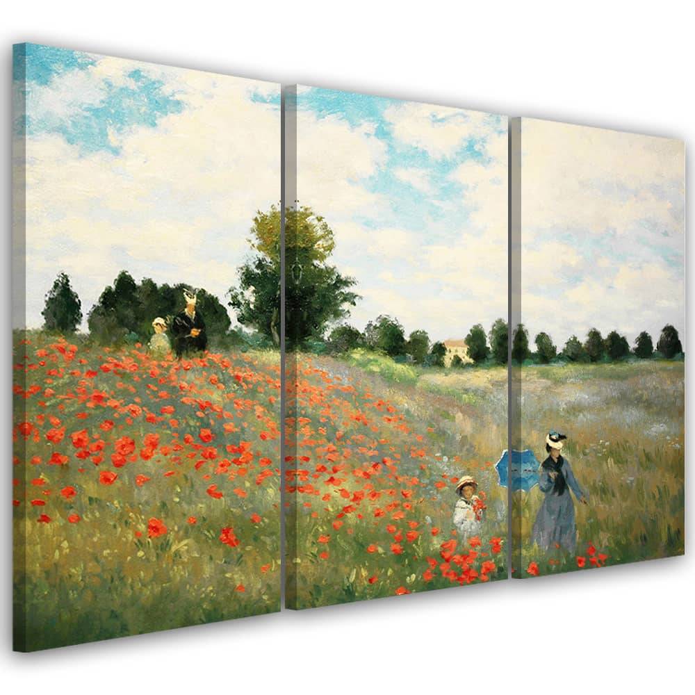 Kaeppel Leinwandbild 3-teilig, Mohnblumenfeld Claude Monet