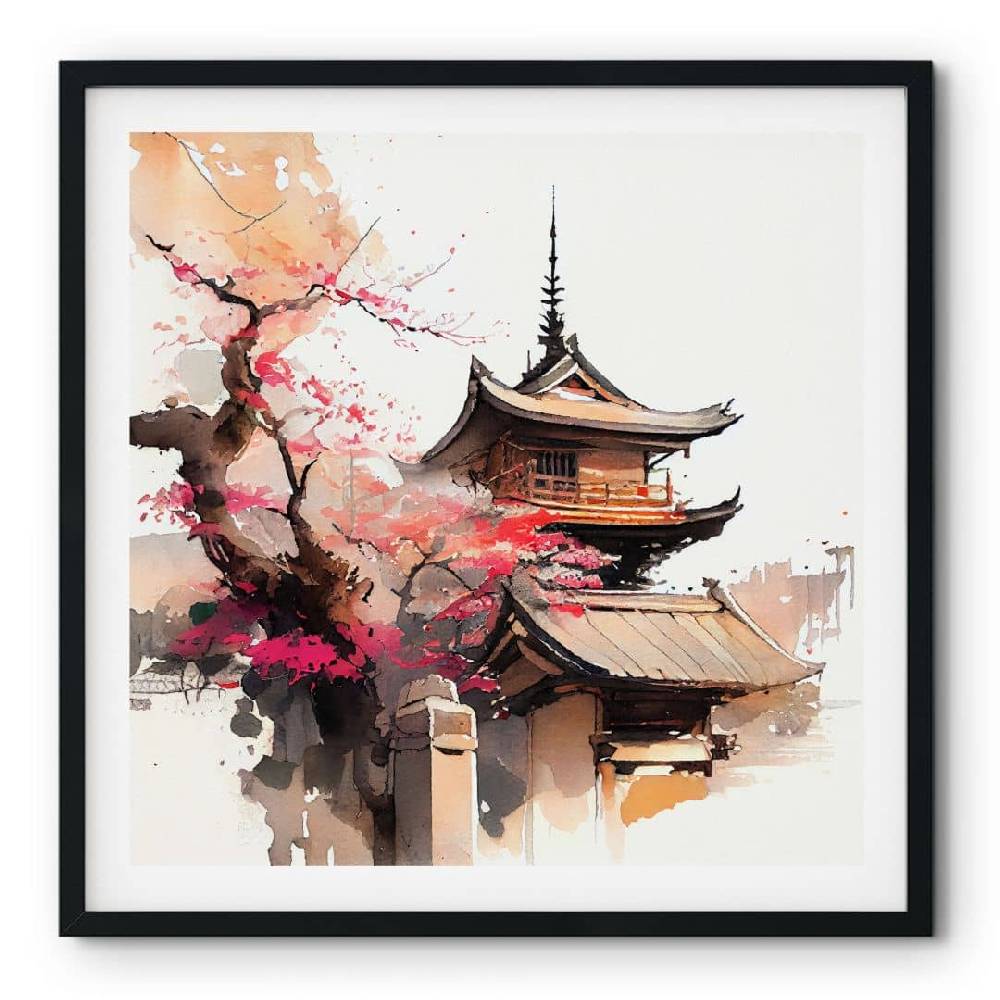 Kaeppel Poster Japanische Pagode mit Kirschblüten - Jaszke - Quadratisch