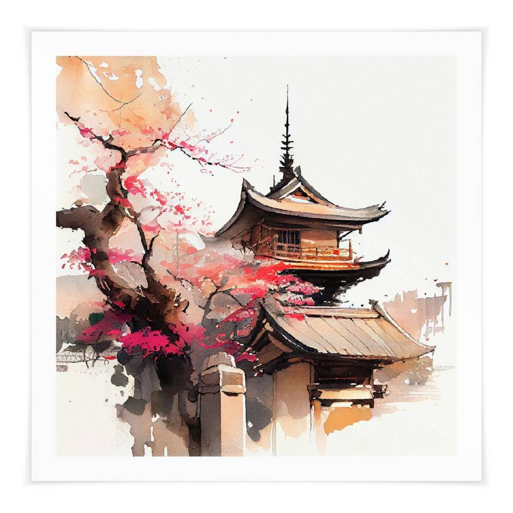 Kaeppel Poster Japanische Pagode mit Kirschblüten - Jaszke - Quadratisch Super Sparpreis