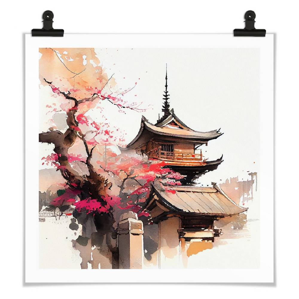 Kaeppel Poster Japanische Pagode mit Kirschblüten - Jaszke - Quadratisch Super Sparpreis