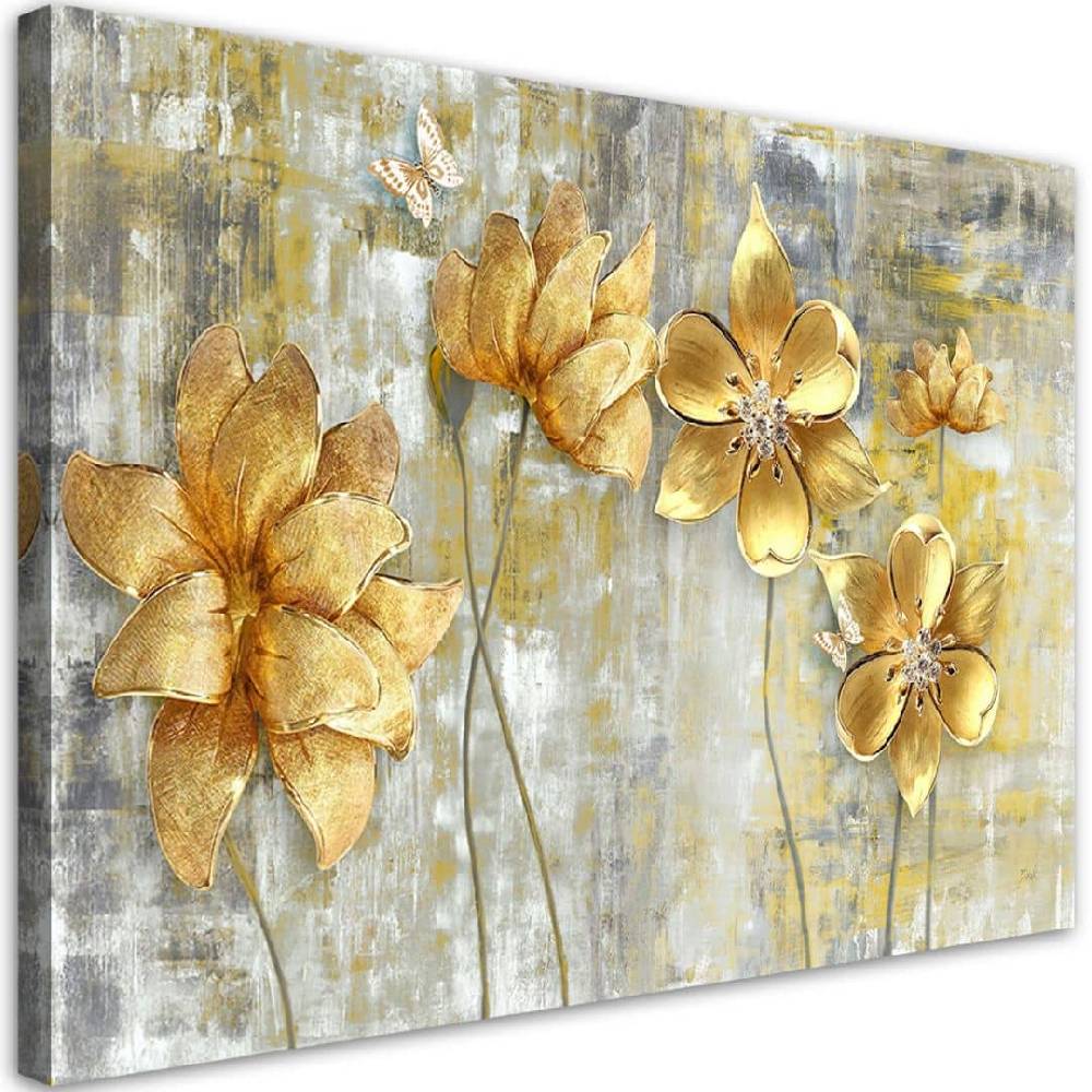 Kaeppel Leinwandbild, Goldene Blumen und Schmetterlinge