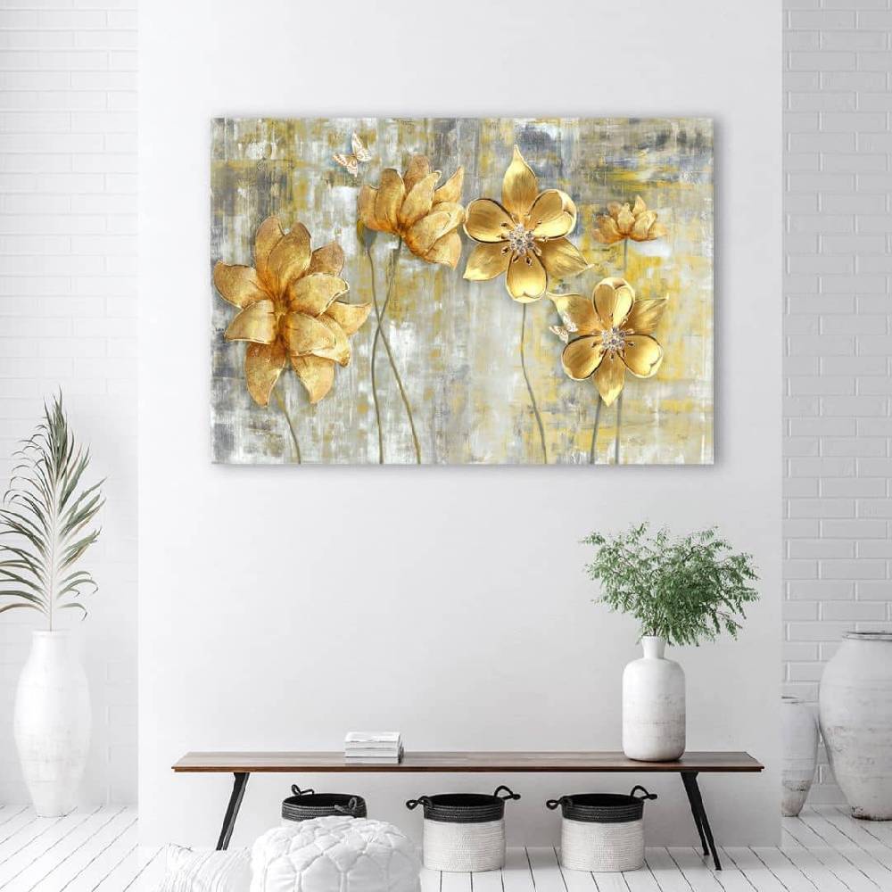 Kaeppel Leinwandbild, Goldene Blumen und Schmetterlinge Blitzverkäufe