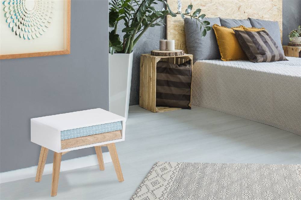 Kayoom Beistelltisch mit Schublade - Nachttisch Hailey Weiß / Blau / Holz Wochenangebot