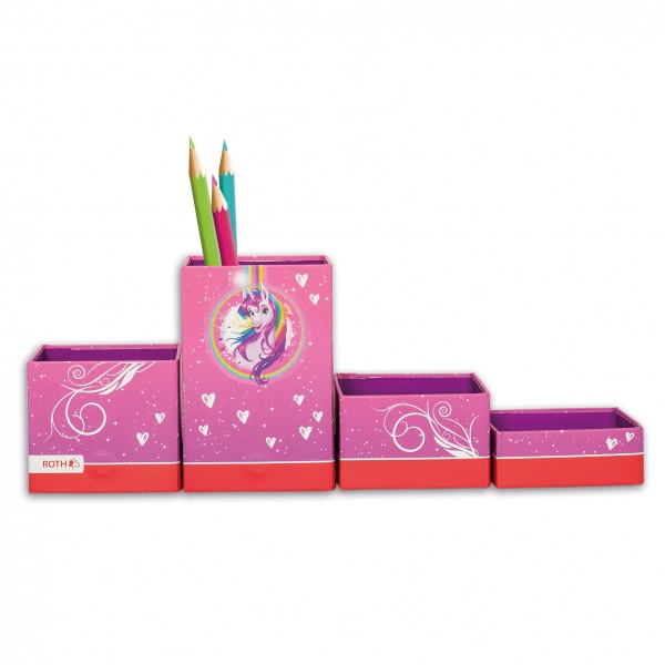 Roth Ideen Stifteköcher Set mit 4 faltbaren Boxen, Einhornportrait