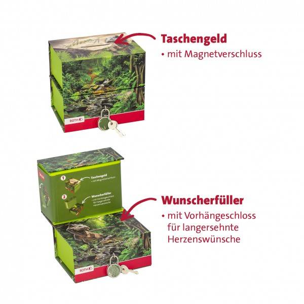 Roth Ideen Spardose mit 2 getrennten Boxen, mit Magnet und Vorhängeschloss, Tyrannosaurus Letzte 3 Tage
