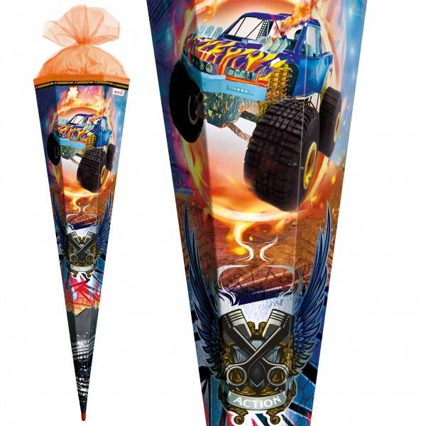 Roth Ideen Schultüte groß 85cm, Monstertruck Fire mit Glanzfolie Riesige Ersparnisse
