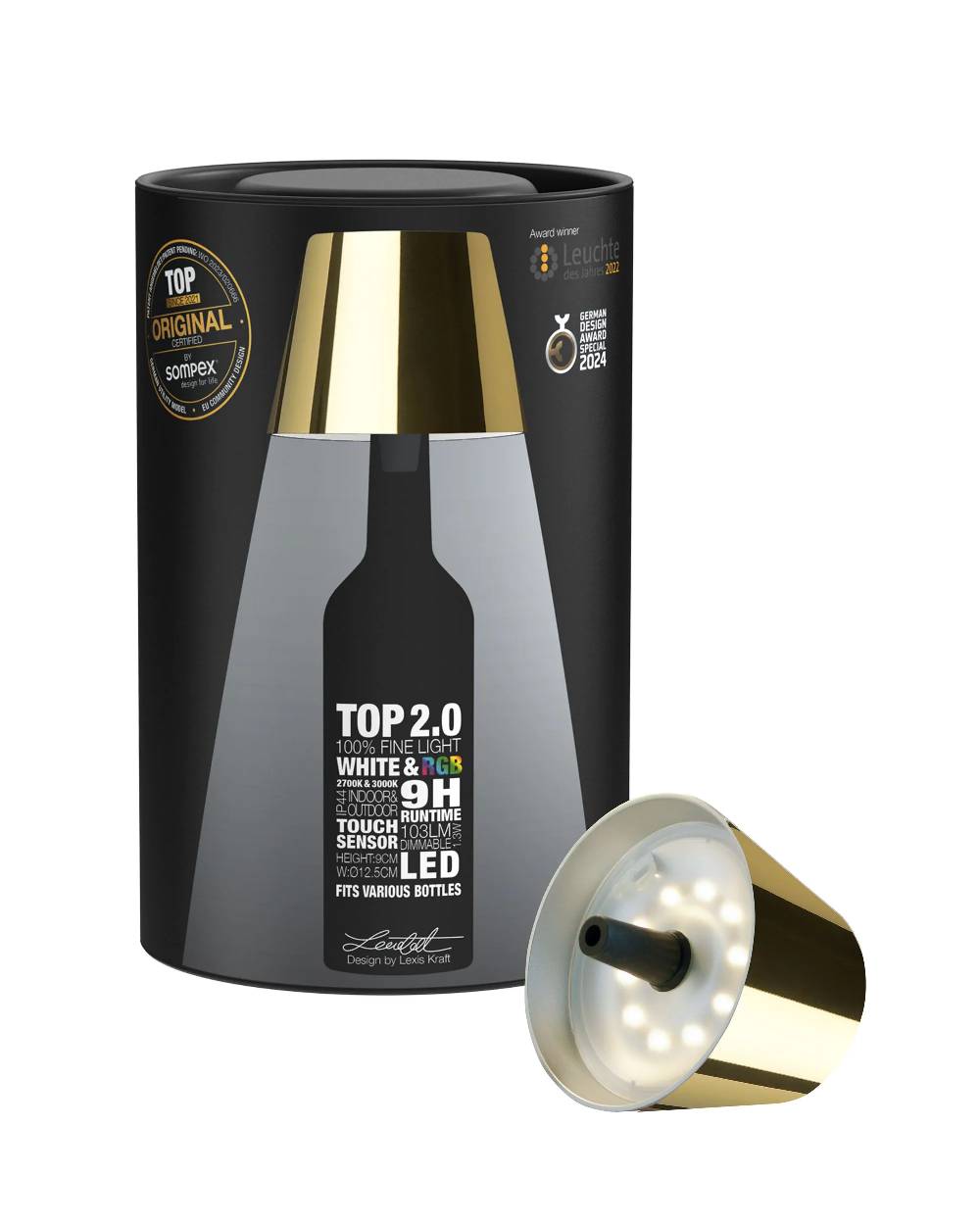 Sompex TOP 2.0 - gold, Akku-Flaschenleuchte Sonderangebot der Fabrik